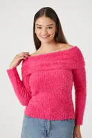 Women's Fuzzy Knit Off-the-Shoulder Sweater in Fuchsia Large