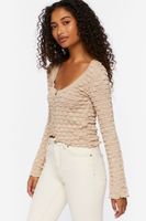 Women's Textured Long-Sleeve Crop Top in Khaki, XL