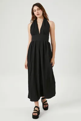 Women's Smocked Halter Maxi Dress in Black, XL