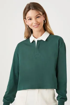 Women's Cropped Long-Sleeve Rugby Shirt in Hunter Green/White Medium