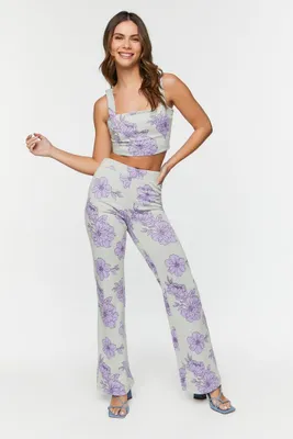 Women's Floral Mid-Rise Flare Pants in Pistachio/Lavender Medium