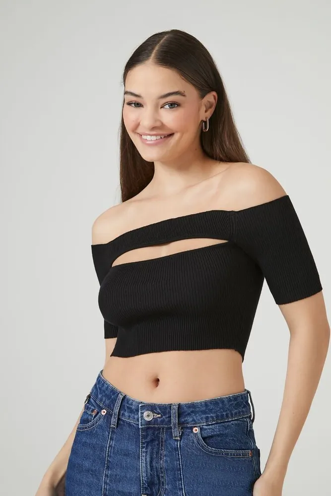 Forever 21 Women's Sweater-Knit Off-the-Shoulder Top in Black, XS