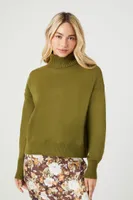 Women's Turtleneck Split-Hem Sweater in Green, XS