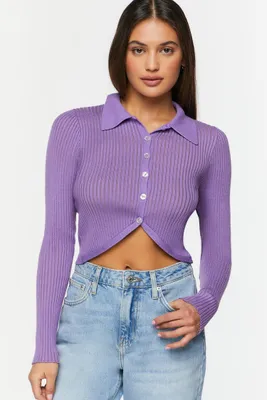 Women's Collared Rib-Knit Cardigan Sweater in Violet Small