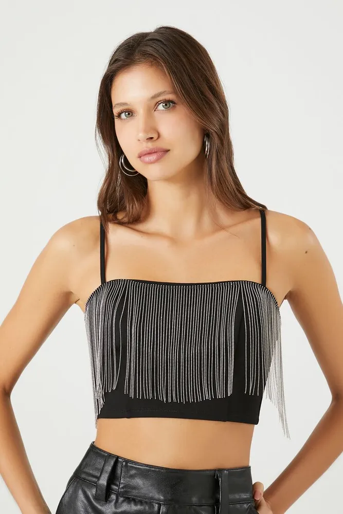 Forever 21 Women's Fringe Cropped Cami in Black, XS