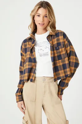 Women's Plaid Flannel Cropped Shirt in Yellow Large