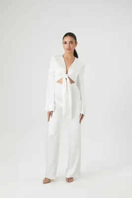 Women's Satin Cutout Tie-Front Jumpsuit in Vanilla Medium