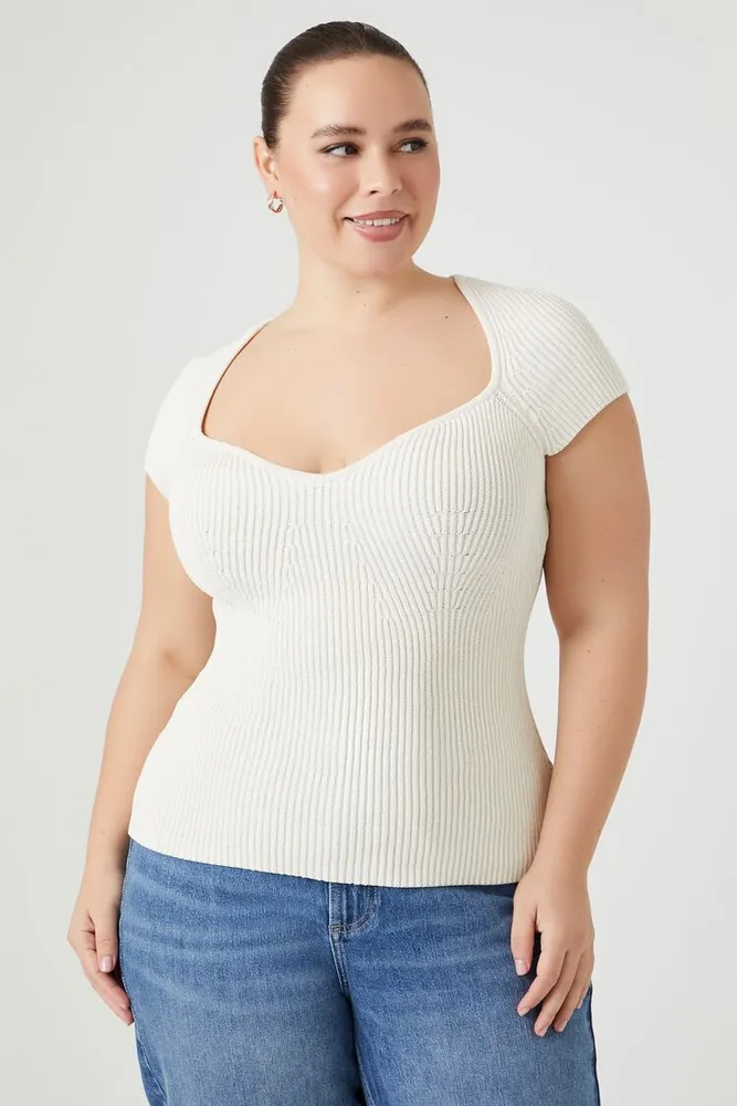 Women's Ribbed Knit T-Shirt in Vanilla, 2X