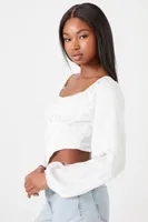 Women's Satin Peasant-Sleeve Crop Top in White Small