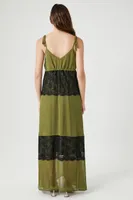 Women's Chiffon Lace-Trim Maxi Dress Olive/Black