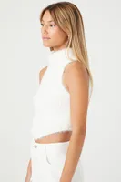 Women's Fuzzy Knit Turtleneck Crop Top in Vanilla, XS