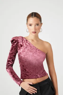 Women's One-Shoulder Velvet Crop Top Wine