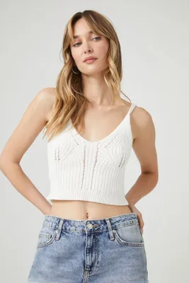 Women's Pointelle Sweater-Knit Cropped Cami in White Small