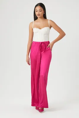 Women's Satin Drawstring Wide-Leg Pants in Pink Medium