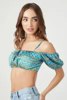 Women's Abstract Off-the-Shoulder Crop Top in Blue Small