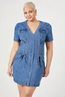 Women's Denim Lace-Up Mini Dress in Medium Denim, 1X