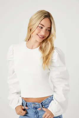 Women's Ruched Sweater-Knit Crop Top in White Medium