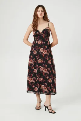 Women's Chiffon Floral Surplice Midi Dress in Black Small