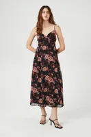 Women's Chiffon Floral Surplice Midi Dress Black