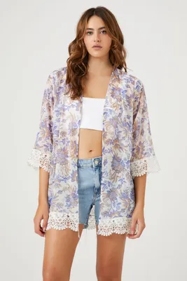 Women's Sheer Floral Print Kimono in Cream Medium