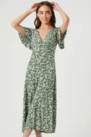 Women's Crepe Floral Print Midi Dress in Olive Small