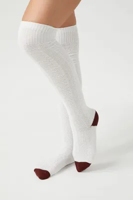 Textured Over-the-Knee Socks in White/Burgundy