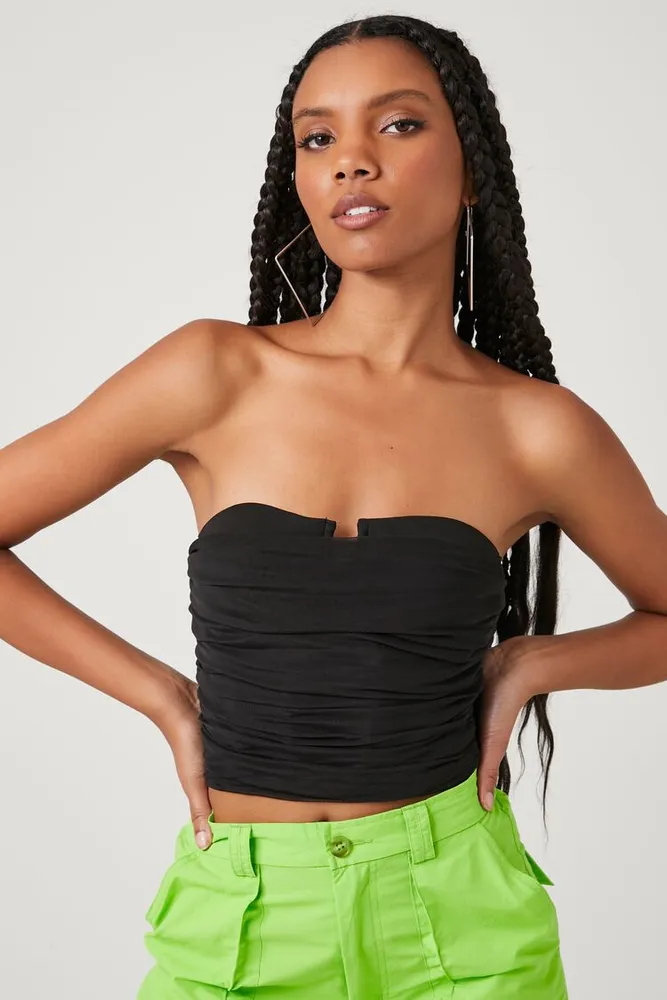 Women's Cropped Mesh Tube Top in Black Large