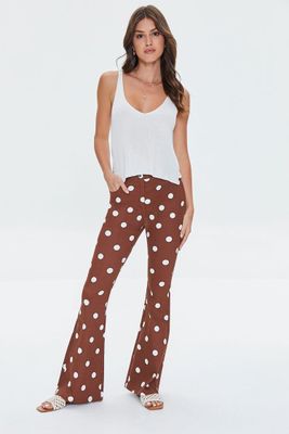 Women's Polka Dot Print Flare Pants in Brown/White Large