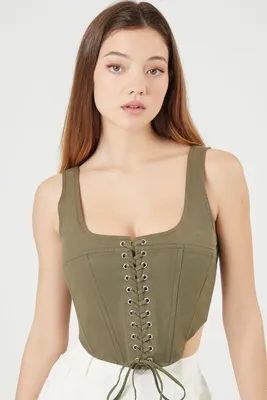 Women's Cropped Twill Lace-Up Bustier in Olive Small