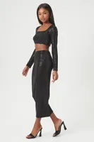 Women's Sequin Crop Top & Maxi Skirt Set in Black, XL