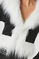 Women's Cropped Faux Fur Denim Jacket in Black/White Small