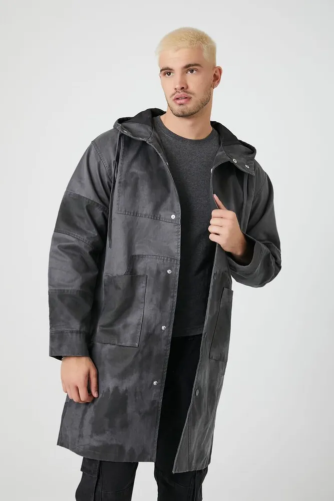 Men Hooded Tie-Dye Trench Coat in Dark Grey/Black Large