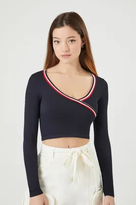 Women's Seamless Striped-Trim Crop Top in Blue, XL