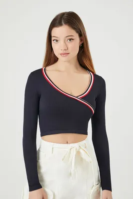 Women's Seamless Striped-Trim Crop Top in Blue Small