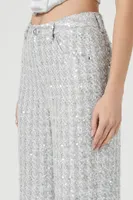 Women's Sequin Tweed Wide-Leg Pants in Silver Small