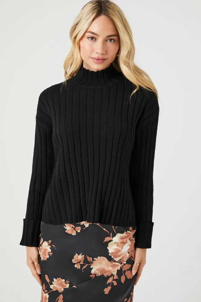 Women's Rib-Knit Mock Neck Sweater in Black Small