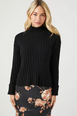 Women's Rib-Knit Mock Neck Sweater in Black Medium