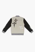 Kids Letterman Bomber Jacket (Girls + Boys) in Black/Cream, 9/10