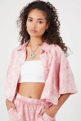 Women's Acid Wash Cropped Shirt in Flamingo Pink Small