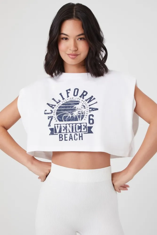 Women's California Cropped Muscle T-Shirt in White/Navy, XL
