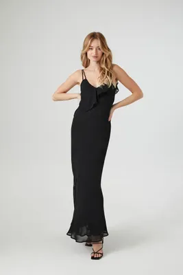 Women's Chiffon Asymmetrical Ruffle Maxi Dress in Black, XL