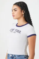 Women's New York Graphic Ringer Baby T-Shirt in Heather Grey/Navy Large