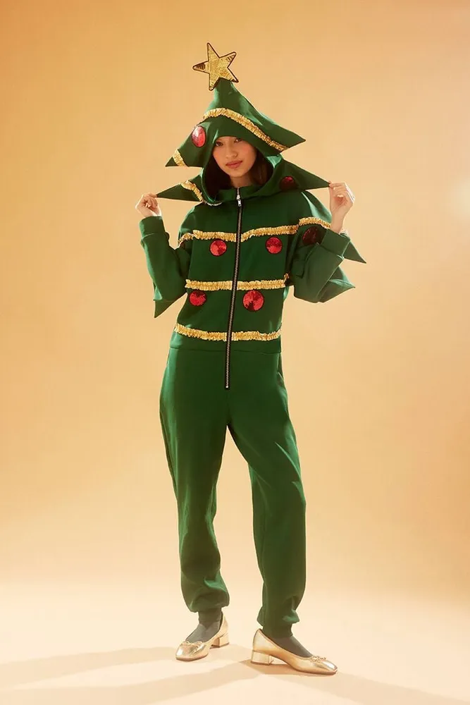 Women's Christmas Tree Jumpsuit in Green Medium