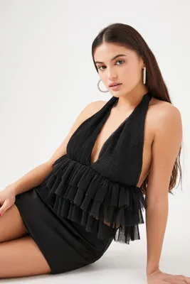 Women's Tiered Mesh Halter Top in Black Medium