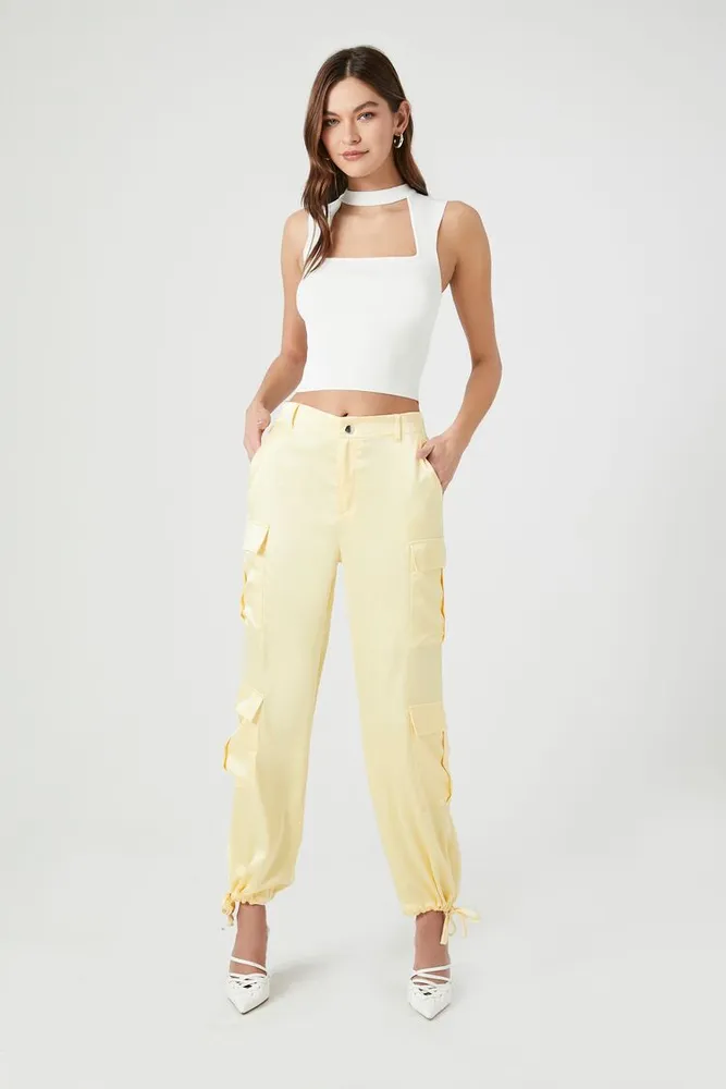 Chicos Womens Crop Pants Sz Large Yellow Cargo Pockets High Rise Cotton  Blend | eBay