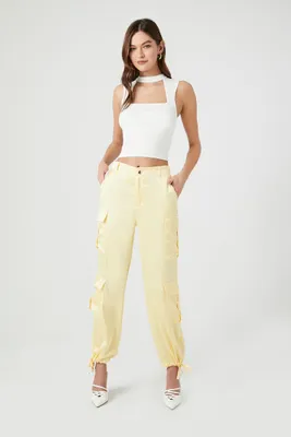 Women's Satin Tie-Hem Cargo Pants in Yellow Small