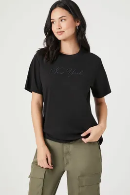 Women's Embroidered New York T-Shirt in Black Small