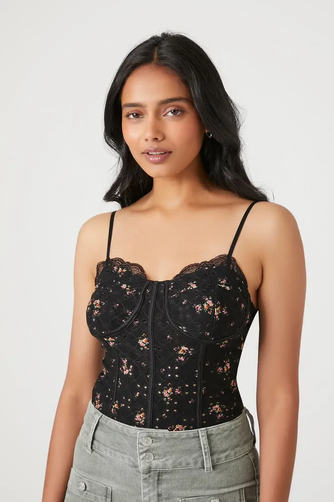 Forever 21 Women's Floral Print Lace Bodysuit Black