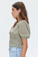 Women's Shirred Puff-Sleeve Crop Top in Sage Small