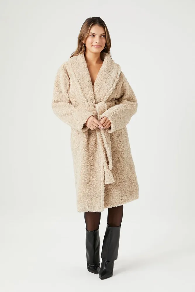 Women's Faux Shearling Wrap Coat in Cream Small